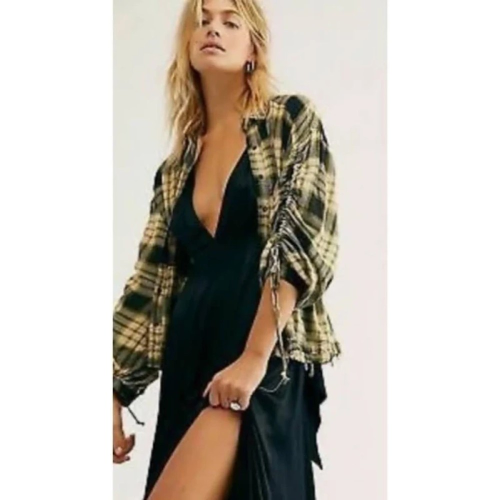 Free People NWT Pacific Dawn Plaid Shirt Snap Front Closure Drawstring Black New